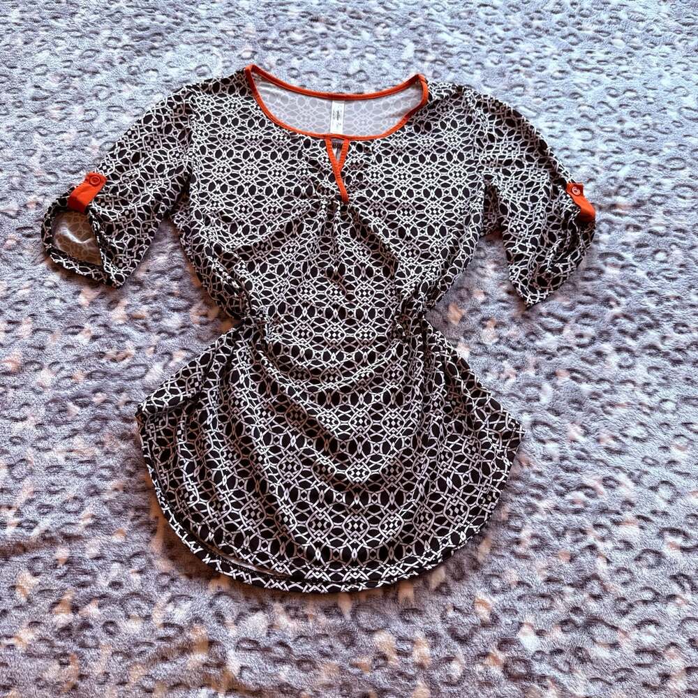 PerSeption Petite Black & White Geometric Print Tunic Blouse Orange Trim Size PS